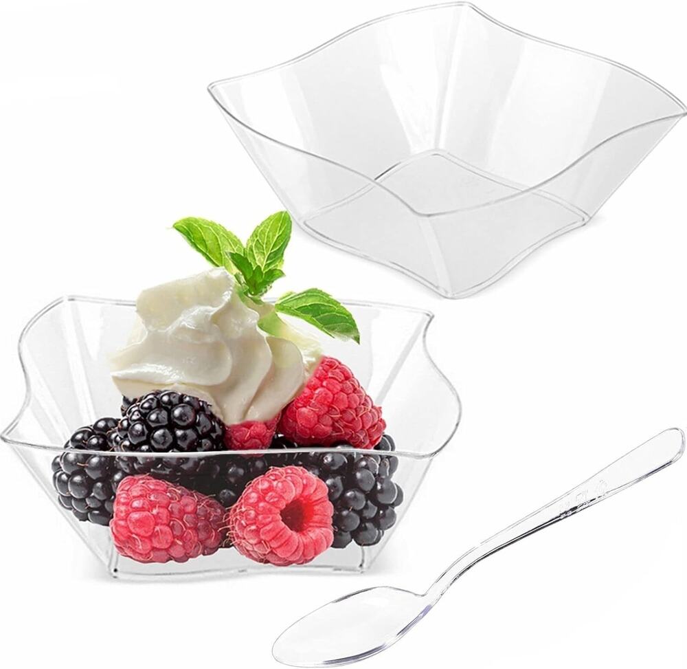 50ct 5 oz Clear Plastic Dessert Cups with Spoons Mini Appetizer Catering Bowls - Picture 1 of 8